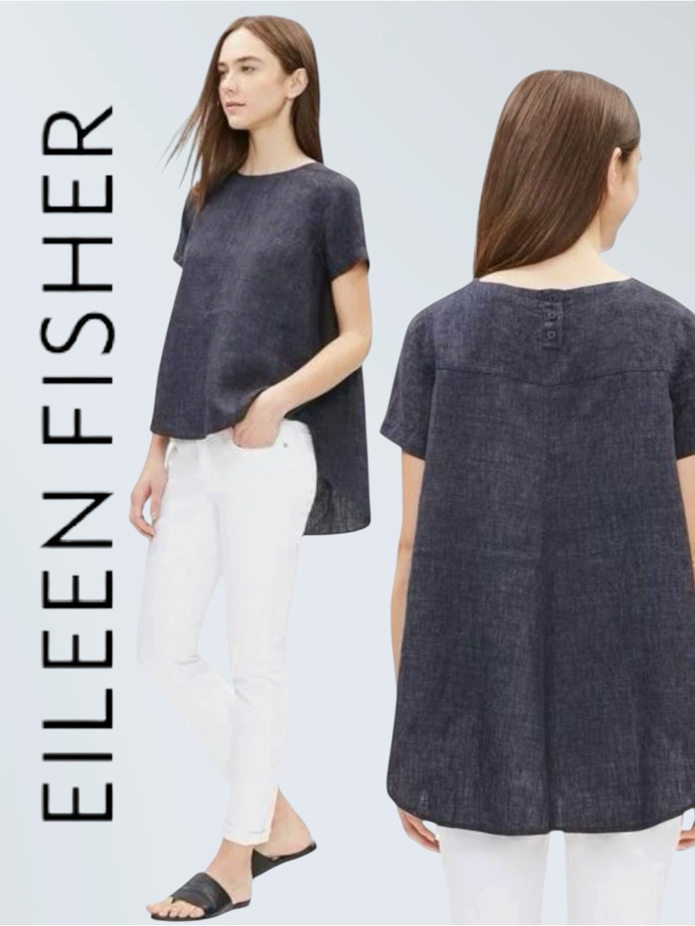 Eileen Fisher • Dark Indigo Organic Linen Flutter Tunic || XL